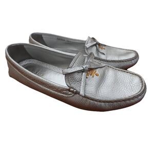 PRADA Metallic Silver Leather Driving Loafers Women’s Size 38.5